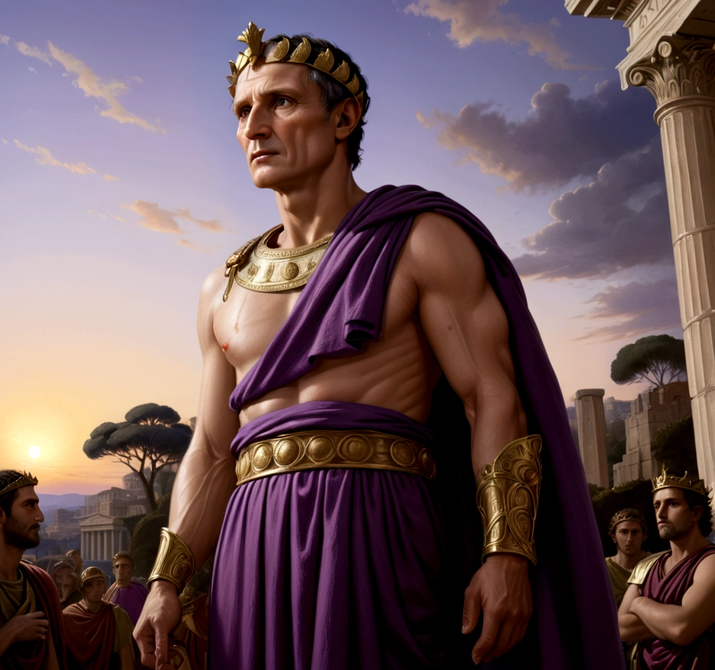 The painting depicts Julius Caesar, Emperor of Rome, facing the observer, his expression is serene and authoritative, he wears a richly adorned purple imperial toga, a golden laurel crown rests on his head, his gaze is piercing and conveys wisdom and power, in the background, Roman columns and a twilight sky add majesty to the scene, the soft lighting highlights the details of his face and attire, creating a depth and realism effect characteristic of the Renaissance.