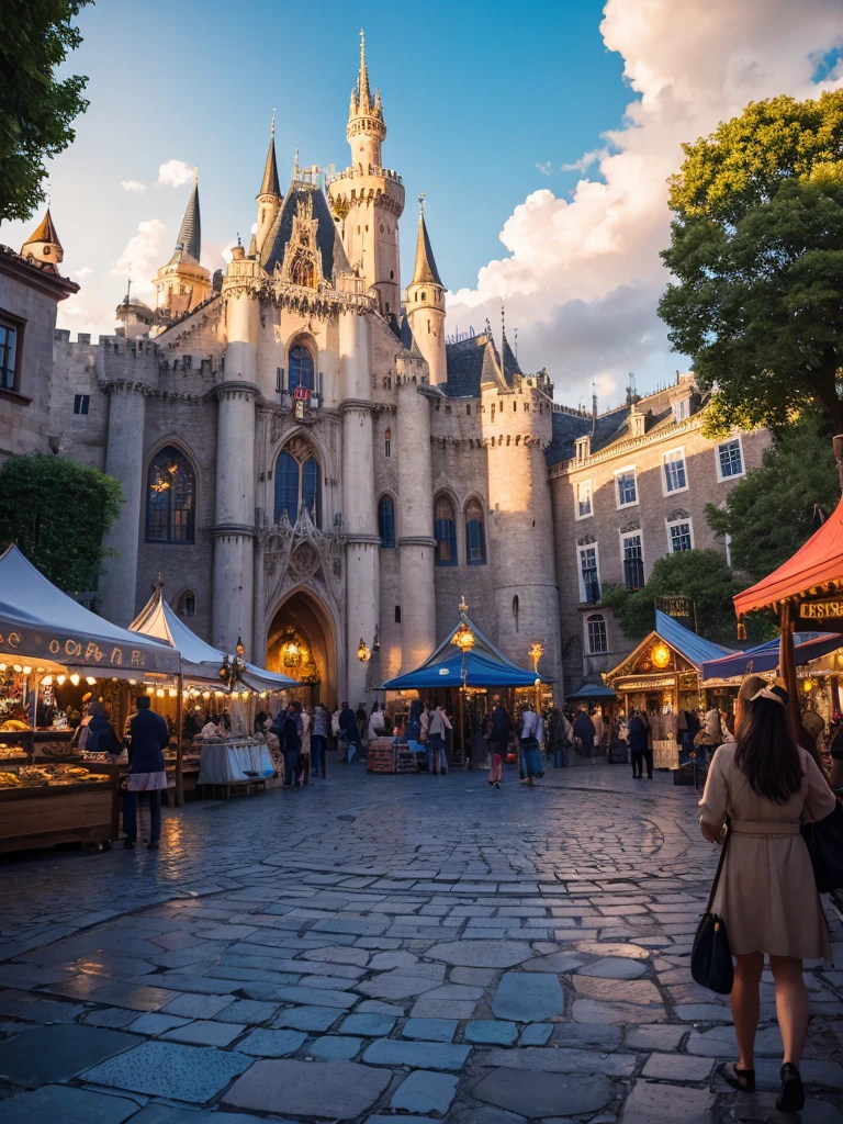 • A city of magic with castles and buildings floating in the sky, blue skies with drifting clouds, and glowing magical orbs illuminating the streets.
• A cobblestone plaza with beautiful fountains, a bustling market filled with wizards, and magical creatures walking around.