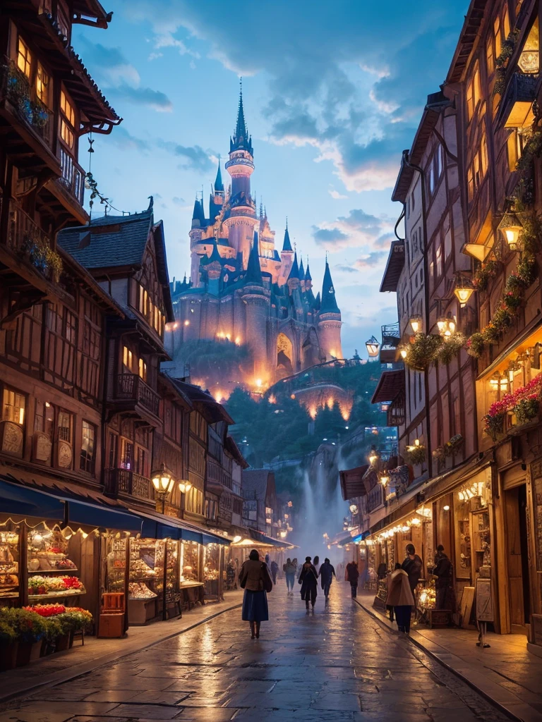 	•	A city of magic with castles and buildings floating in the sky, blue skies with drifting clouds, and glowing magical orbs illuminating the streets.
	•	A cobblestone plaza with beautiful fountains, a bustling market filled with wizards, and magical creatures walking around.