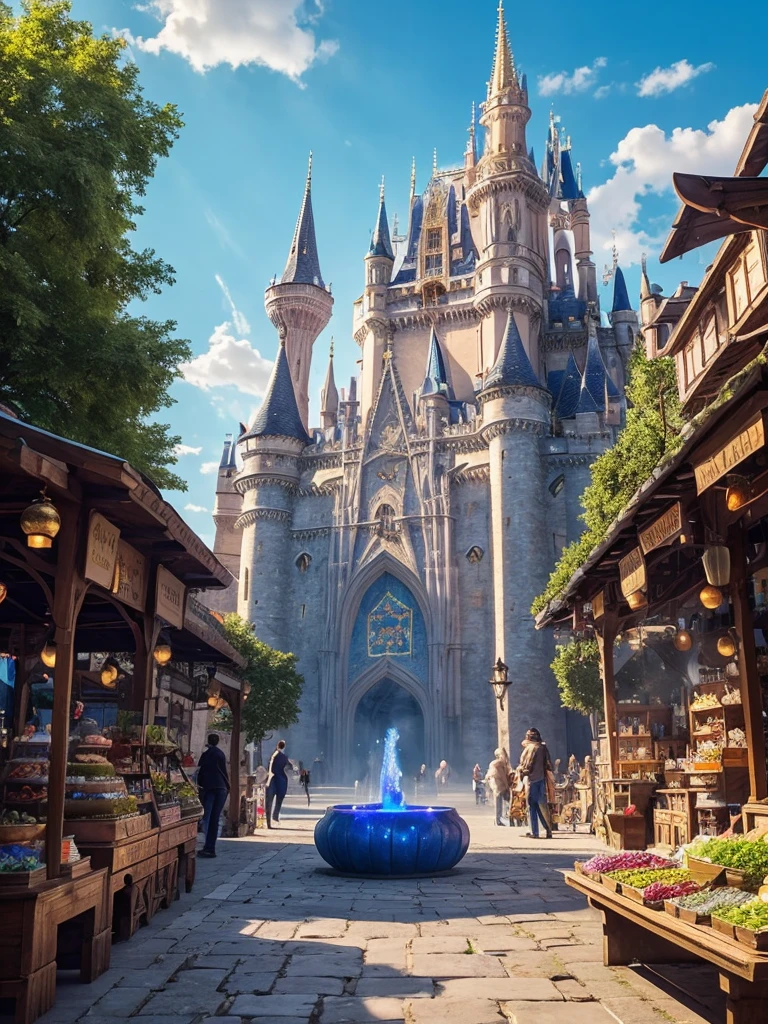 	•	A city of magic with castles and buildings floating in the sky, blue skies with drifting clouds, and glowing magical orbs illuminating the streets.
	•	A cobblestone plaza with beautiful fountains, a bustling market filled with wizards, and magical creatures walking around.