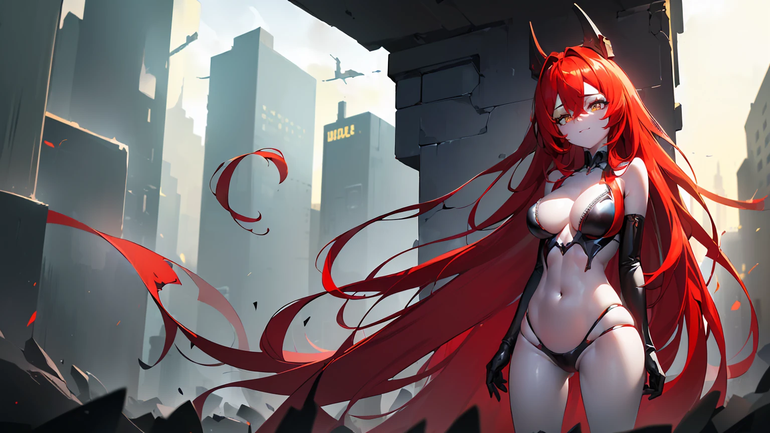 ((((Obra maestra, La mejor calidad, ultrahigh resolution)))), 1girl, standing,), ((long pure red hair, hair over eye)), long hair cut, shiny skin, ((golden eyes)), glowing_eyes, neon eyes, (ultra detailed eyes:0.7, beautiful and detailed face, detailed eyes:0.9), ((centered)), smile, ((wide shot)), facing viewer, ((vibrant background, bright lighting, summer, sunlight)), flat chested, looking at viewer, ((half closed eyes)), ((perfect hands)), (((head:1, arms, hips in view, elbows, arms, legs, in view))), ((hands behind back)), empty eyes, beautiful lighting, ((outside, outdoors)), defined subject, head tilt, (((gritty)), ((creepy)), ((cool)), ((beautiful)), (((SFW)))
