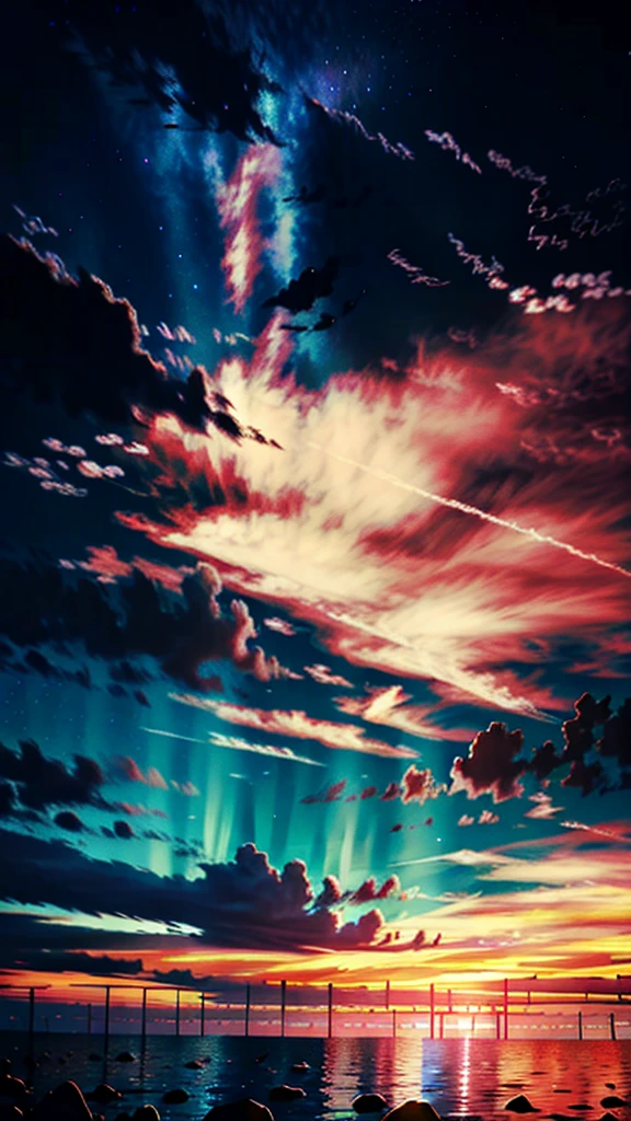 An absolutely mesmerizing sunset on the beach with a mix of orange, red, pink and yellow in the sky. The water is crystal clear, gently kissing the shore, and the sandy beach is endless. The scene is dynamic and breathtaking, with seagulls soaring high in the air and palm trees gently swaying. Immerse yourself in the calm atmosphere and let the tranquil surroundings surround you.spotlight, dark theme, starry,strry light,night,colorful,cloud,star \(sky\),