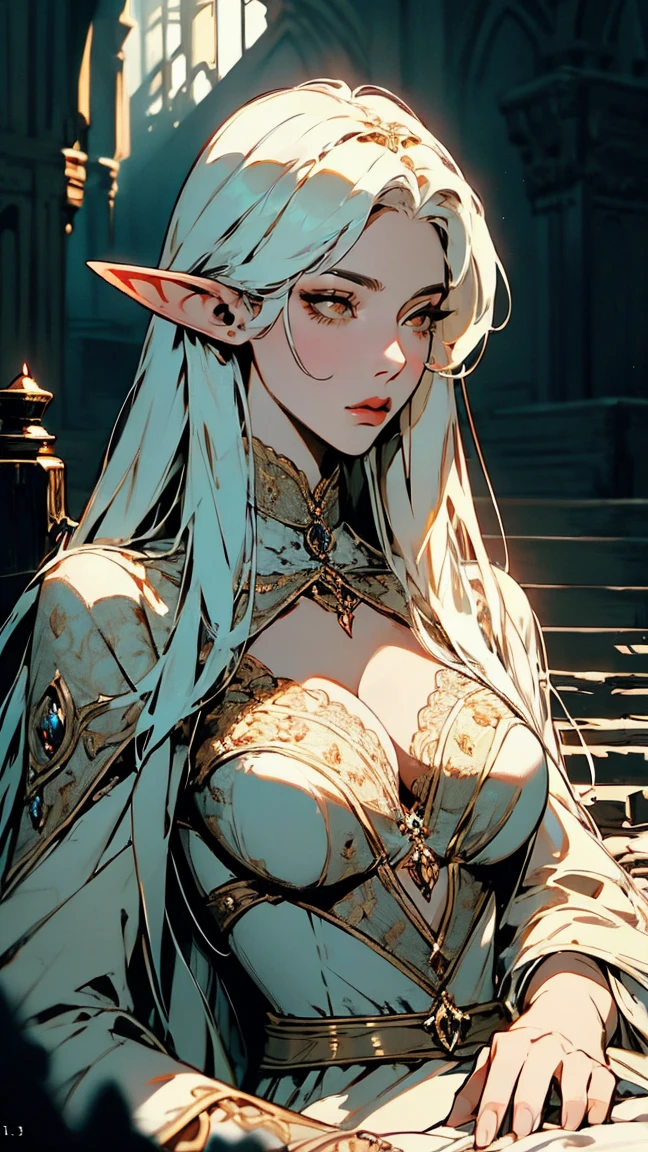{ - anatomy error}(Masterpiece - Ultra-detailed, very high resolution) Prepare to be enchanted by a true masterpiece that combines ultra-detailed art with high-resolution rendering. . meman. This work depicts a mesmerizing adult elf with long white hair (1.3) and captivating yellow eyes (1.2), emanating an aura of elegance and mystery in medieval settings. The intricate details and realistic textures invite you to explore every aspect of this enchanting composition. Woman wearing elf costumes. Red lips. No cleavage. small breasts. NO CLEavage. pés no chão, corpo inteiro, pés amostra. Get ready to dive into a world where beauty and craftsmanship merge perfectly