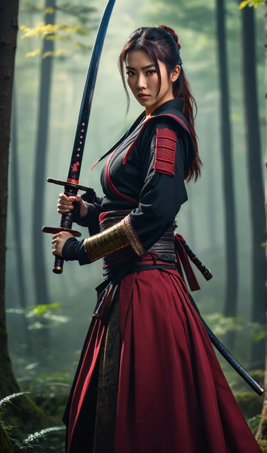 Hold the sword and open the scabbard.Handsome female warrior wearing dark red skirt, misty forest background.bokeh background.portrait,(best quality,4K,8K,high resolution,masterpiece:1.2) Art Station Contest Winners, fantasy art, female warrior, very beautiful cyberpunk samurai, Samurai sword, beautiful female warrior, beautiful female warrior, warrior princess, warrior girl, beautiful figure painting, she is holding a Samurai sword sword, japanese samurai, Ono City