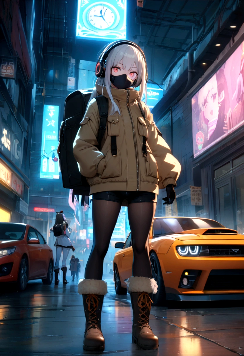 ((high quality)), ((masterpiece)), 8K, Two Girls, car, light, 非常に詳細な CG ユニティ 8K 壁紙, CG games, View your viewers, gloves, boots, whole body, clock , computer, mask, Drone, Possession of a gun, Headphones, Jacket, bag, Backpack, Camel Toe, neon