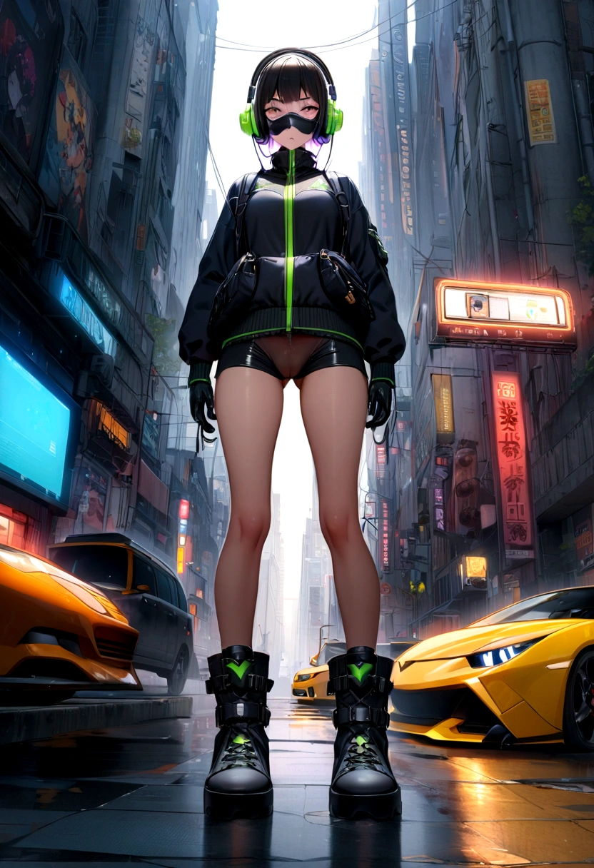 ((high quality)), ((masterpiece)), 8K, Two Girls, car, light, 非常に詳細な CG ユニティ 8K 壁紙, CG games, View your viewers, gloves, boots, whole body, clock , computer, mask, Drone, Possession of a gun, Headphones, Jacket, bag, Backpack, Camel Toe, neon