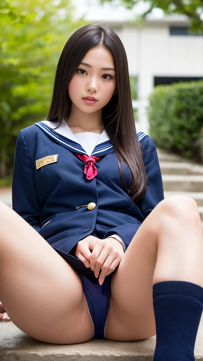 Magic Mix Real、(Live Shooting:1.2)、(Photorealistic:1.4)、The beauty of beautiful details　Delicate expression、Lacietiful fine eyes、Huge file sizes、Super detailed、High resolution、A superb beauty　Highest quality、masterpiece、、(Japanese Woman)、Extremely detailed representation、Fine details、Highly detailed face movie lighting、(Teenage Girls)、((Dynamic Pose)))、Sexy upturned eyes、Strong bite、Sweaty、Splash、Dark sweat stains、((Super cute、((Small breasts))、(((slender)))、Detailed bite、((Mekosuji、Sujiman、))Soaking wet、(((High school girl uniform)))Spread legs, stink crotch、Amazing leg spread、Standing with your legs apart、Wide-open legs、Clear crack、濡れたpanties、(((panties)))(No correction)((染み付きpanties))(((Navy blue knee socks)))(((loafers)))Two legs