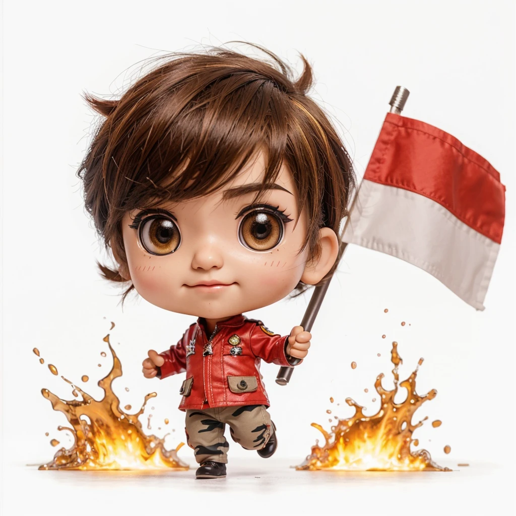 Generate a cute and adorable chibi character, 3d character, male, random hair style, indonesian guerilla army outfit, random eye color, spirit and enthusiastic facial expression, random profession, toy, doll, white background, character print, random camera view, full body, natural light, random pose, medium movement, perfect cinematic lighting, perfect composition, creative theme, vibrant colors.