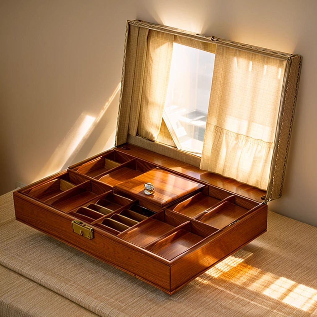 In this cozy room,A ray of sunlight shone through the half-drawn curtains on the table,Let the wood grain on the watch storage box shine with a faint luster。There was a calm and peaceful atmosphere in the air around them。There are several still lifes hanging on the walls of the room,It adds a touch of elegance to the space。And on the other side of the room,The half-open window lets in the breeze,The pages on the small desk by the window turned in the wind,This quiet scene gives a sense of tranquility and comfort。