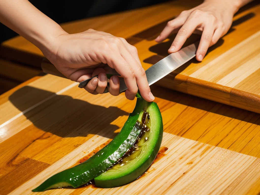 In the kitchen of a Chinese Sichuan restaurant,The chef is cutting green pepper on the chopping board,Cut the green pepper into strips。There are peppercorns on the chopping board.、chili、Garlic slices、Ginger slices、Scallion, etc.。There is a glass bowl next to the chopping board,There are slices of meat marinated in soy sauce in the bowl。Close up shot of chef cutting vegetables with kitchen knife,Pay attention to the correct hand structure。Vector illustration,Professional Illustration,Shinkai Makoto style,Highest quality