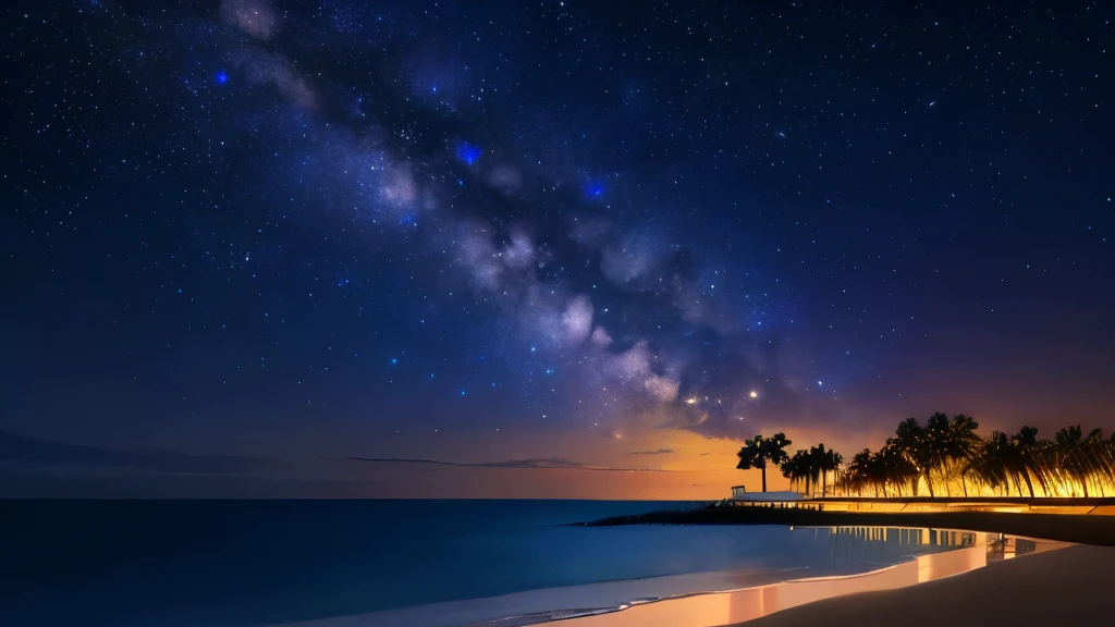 Tropical Sea,night,Beautiful starry sky,milky way,Palm tree,Glitter effect,Highest quality, 8K, High resolution, masterpiece:1.2, Very detailed, Realistic:1.37, High resolution, 超High resolution, Ultra-fine painting, Professional, Vibrant colors