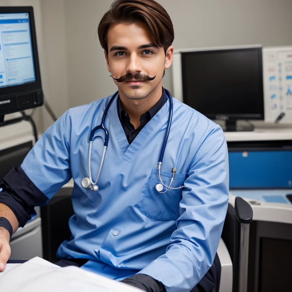 Attractive young male doctor with brown hair and mustache wearing black scrubs and blue medical gloves
