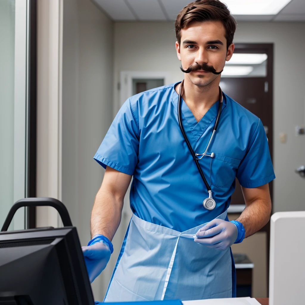 Attractive young male doctor with brown hair and mustache wearing black scrubs and blue medical gloves