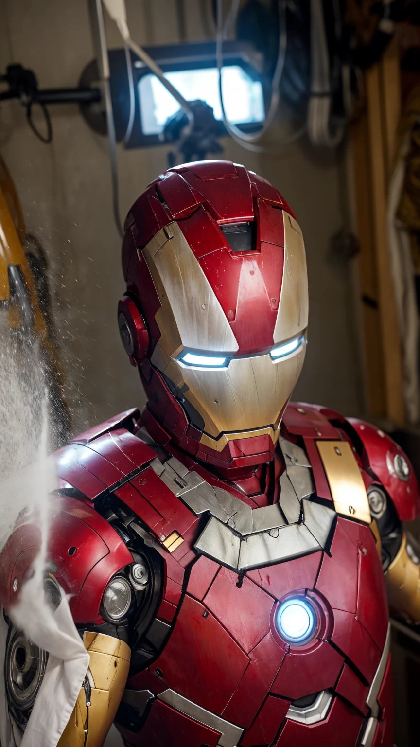 Middle-aged women Sweaty face Soaked Face Painful expression Steam coming out of the head Humidity Only the head is exposed Changing clothes ((Taking off the Iron Man suit)) Steam from the body