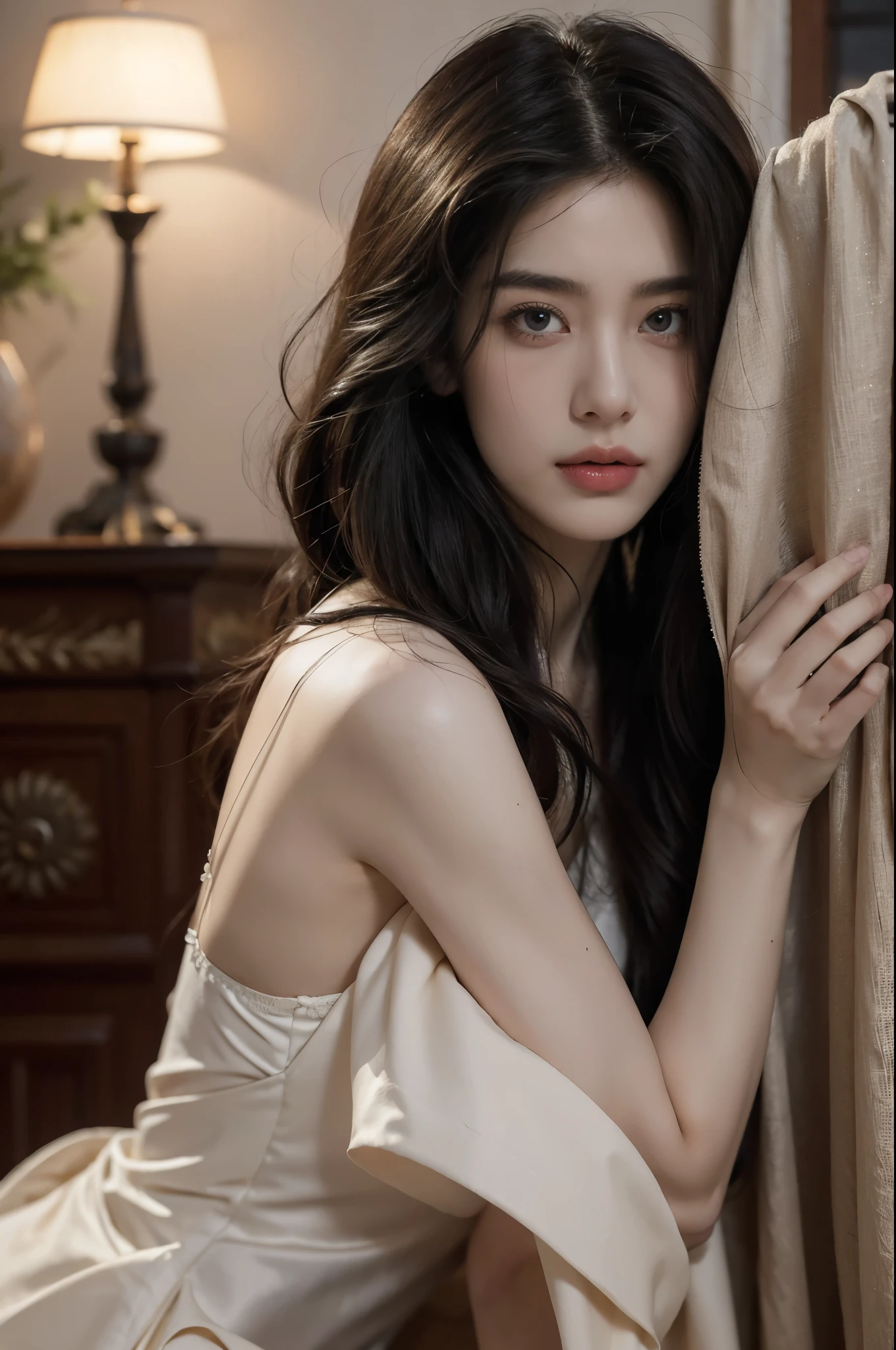 (((best quality))), (((ultra detailed))), (((masterpiece))), illustration,a beautiful girl,solo,slim,thin,messy hair,shoulder length straight bob hair,Dark Circles,Eyes bloodshot,(sad expression:1.3),sitting on the bed,in a bedroom,halter lace nightgown, deep in thought, dimly lit room, soft glow of a digital clock, dark curtains, seclusion and introspection, disheveled hair, shadowed eyes, sleeplessness, delicate features, fragile beauty, pale skin, rouge on cheeks, heavy atmosphere, silence, soft hum of a refrigerator, woman's expression of deep contemplation, searching eyes, capturing the essence of struggle, vulnerability,(dark night scene:1.3),from back,bare back,towering hips,butt crack