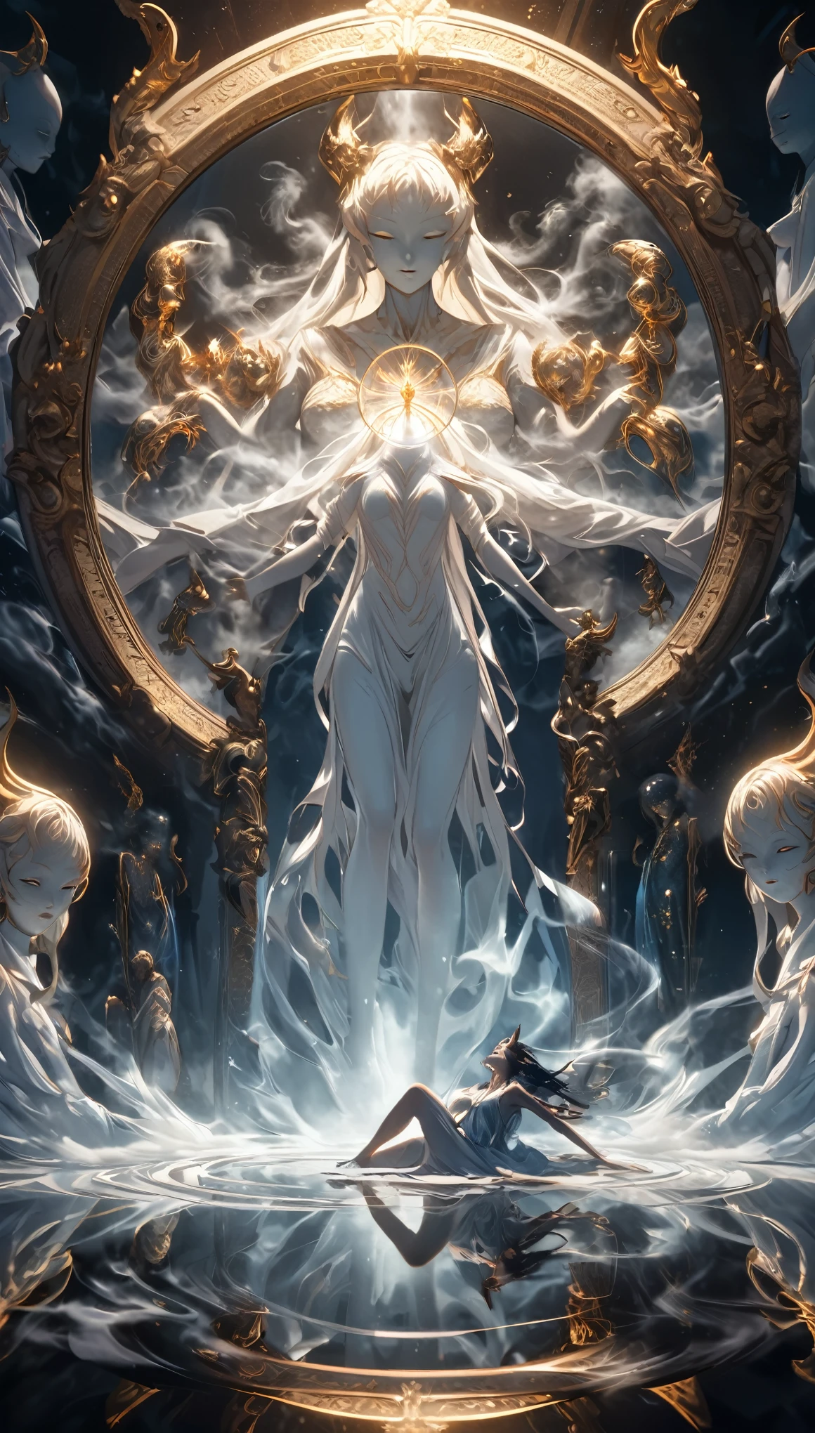 best quality, super fine, 16k, incredibly absurdres, extremely detailed, 2.5D, delicate and dynamic, spiritual bodies taken over by demons, mimics, mirrors, replicas, imitation, spirit, astral body, dark fantasy, other spaces, other dimensions, smoke effects