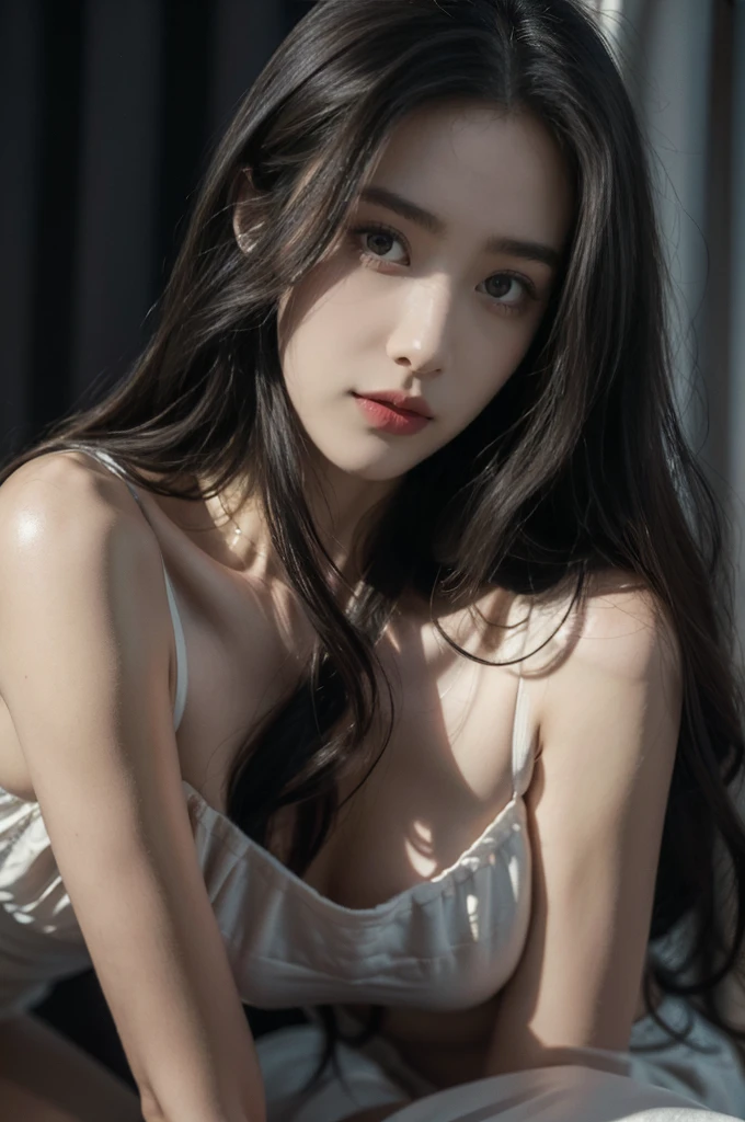(((best quality))), (((ultra detailed))), (((masterpiece))), illustration,a beautiful girl,solo,slim,thin,messy hair,shoulder length straight bob hair,Dark Circles,Eyes bloodshot,(sad expression:1.3),sitting on the bed,in a bedroom,halter lace nightgown, deep in thought, dimly lit room, soft glow of a digital clock, dark curtains, seclusion and introspection, disheveled hair, shadowed eyes, sleeplessness, delicate features, fragile beauty, pale skin, rouge on cheeks, heavy atmosphere, silence, soft hum of a refrigerator, woman's expression of deep contemplation, searching eyes, capturing the essence of struggle, vulnerability,(dark night scene:1.3),from back,bare back,towering hips,butt crack