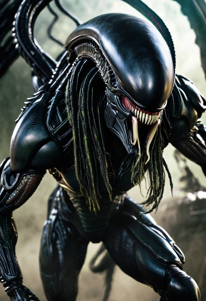(((Very close up (((Predator fusion Xenomorph Alien the eighth passenger))),(((black color))) surreal and cinematographic images Color Splash images))),(((Front Images))),(((dreadlocks)))