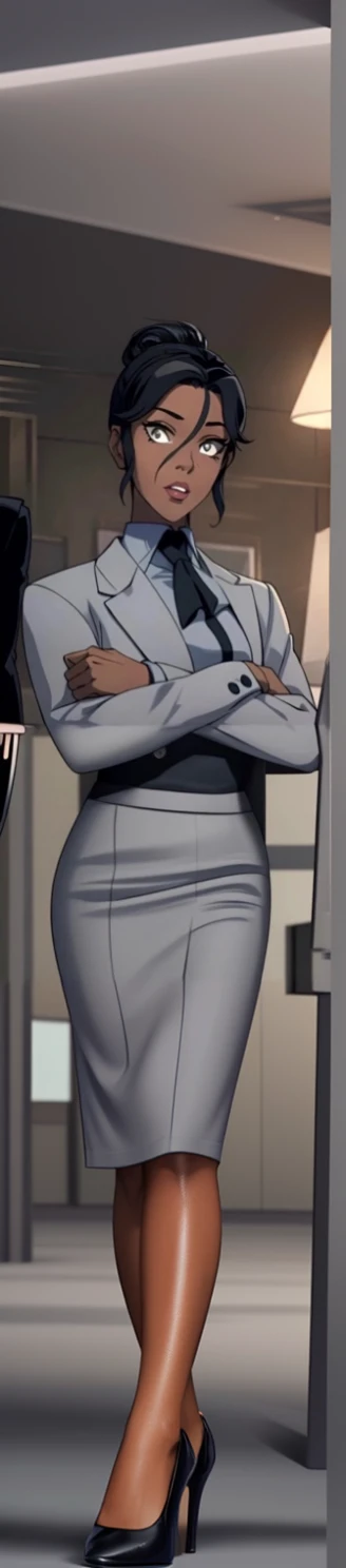 Black skinned business women in a grey skirt suit