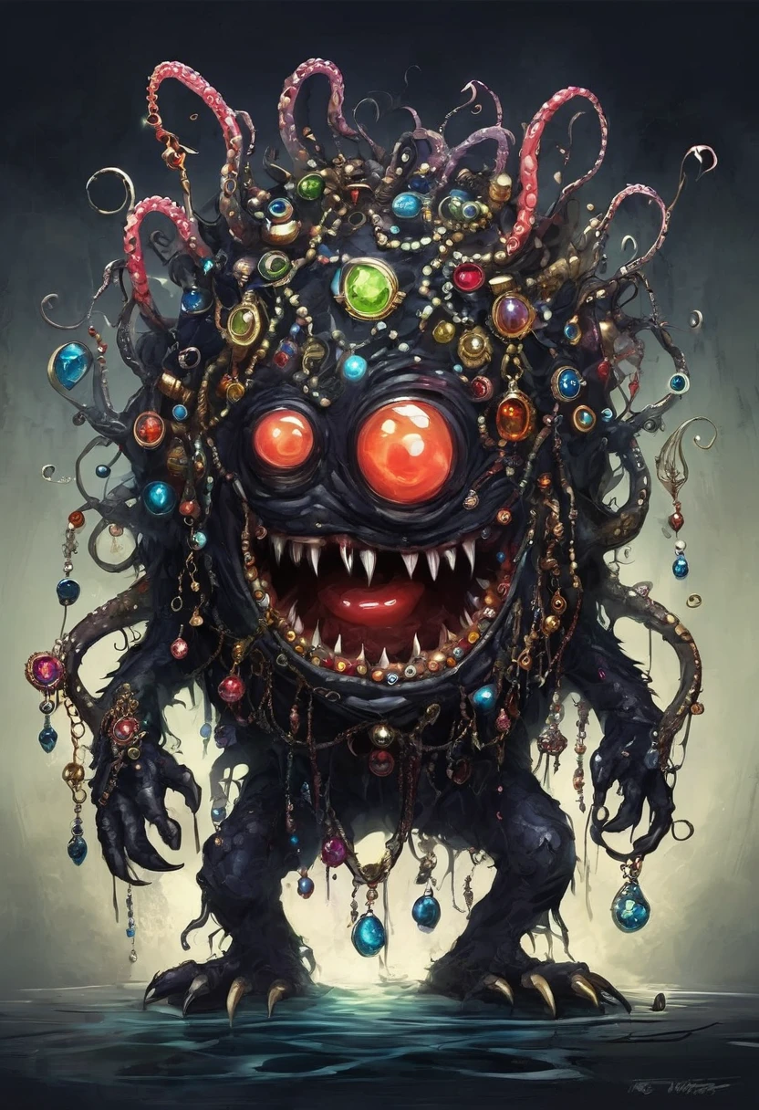 dark，fear，Strange box monster full of jewels - one eye - sharp teeth - ugly，Long tentacles，Scattered jewelry,greedy