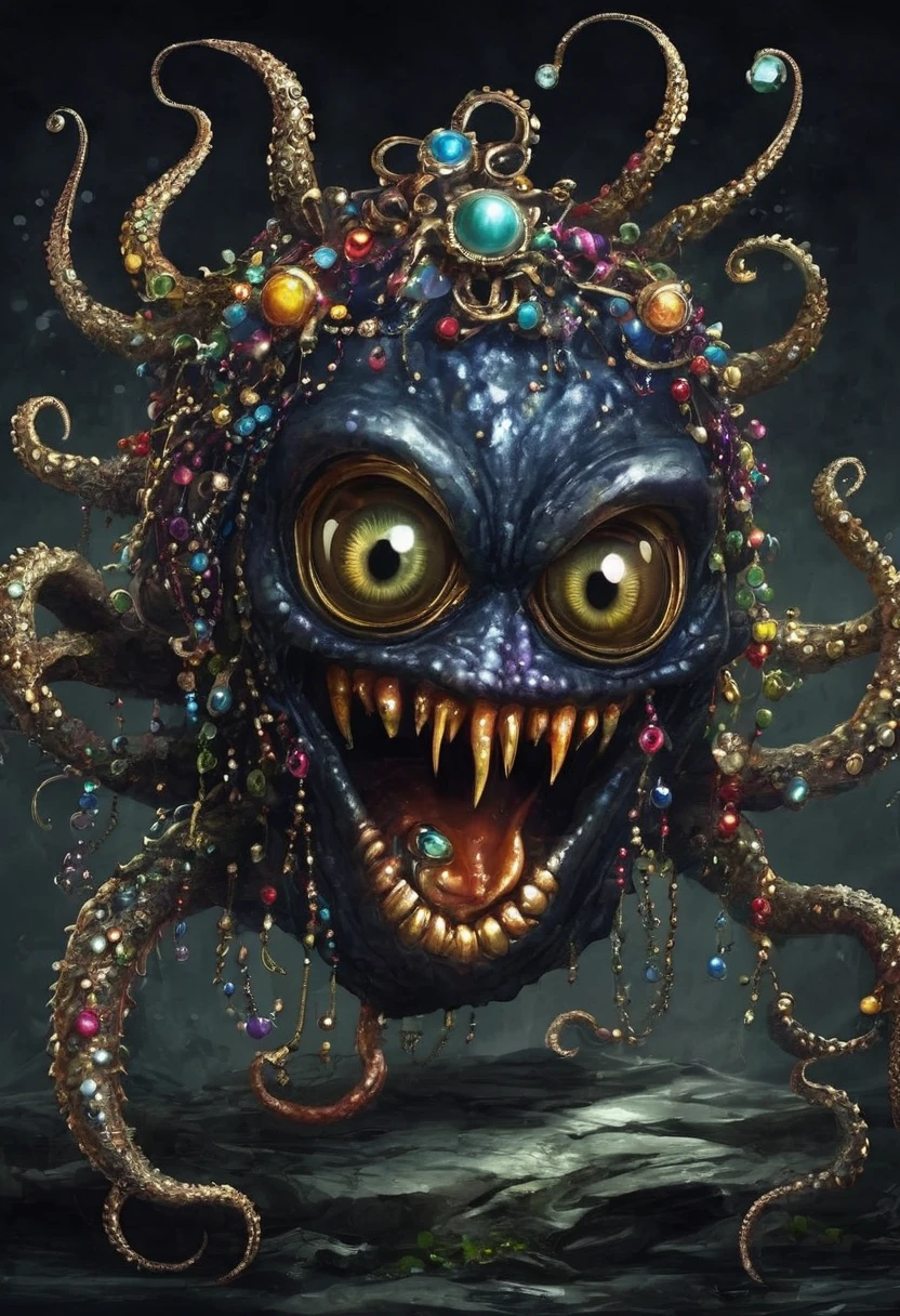 dark，fear，Strange box monster full of jewels - one eye - sharp teeth - ugly，Long tentacles，Scattered jewelry,greedy