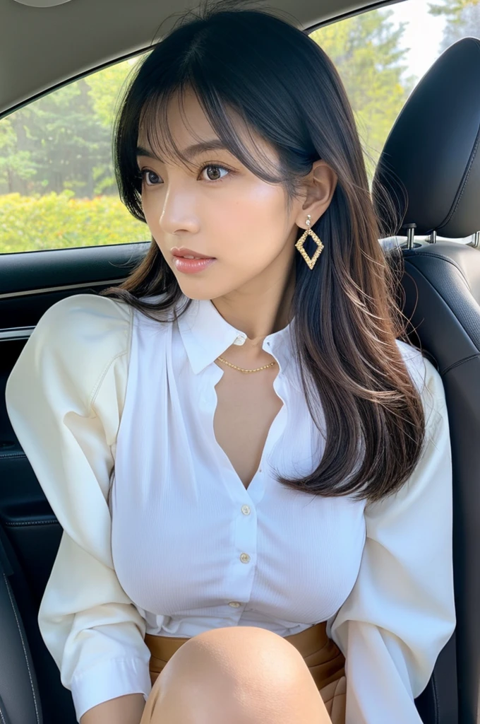Inside the car at the driving school, driving school instructor, ((full body)), ((photo)), ((best qualtiy, 8K, tmasterpiece:1.3)), Focus:1.2, perfect figure beautiful girl:1.4, 1girl, cowboy shot, look at viewer, incredibly absurd, beautiful and cute girl with a photorealistic face, showcasing top-quality craftsmanship, A Japanese woman sitting in the passenger seat of a car at a driving school, 22 years old, has long, shiny, straight black hair, long bangs cut above her eyes as see-through bangs, large, dark eyes, long eyelashes, cat-like eyes with slightly upturned corners, well-defined eyebrows, double eyelids, straight nose, thin lips but a healthy, natural red color, well-aligned teeth, sharp jawline, fair, clear skin, smooth skin, long limbs, tall, slender, well-balanced proportions, beautiful C-cup breasts, wearing a white blouse with a black tight skirt and a beige jacket over it. The skirt is knee-length, an elegant and chic outfit, a single diamond earring in her left ear, and a slim gold ring on her middle finger on her right hand, a beautiful older woman, beautiful, neat, serious, responsible, kind, April