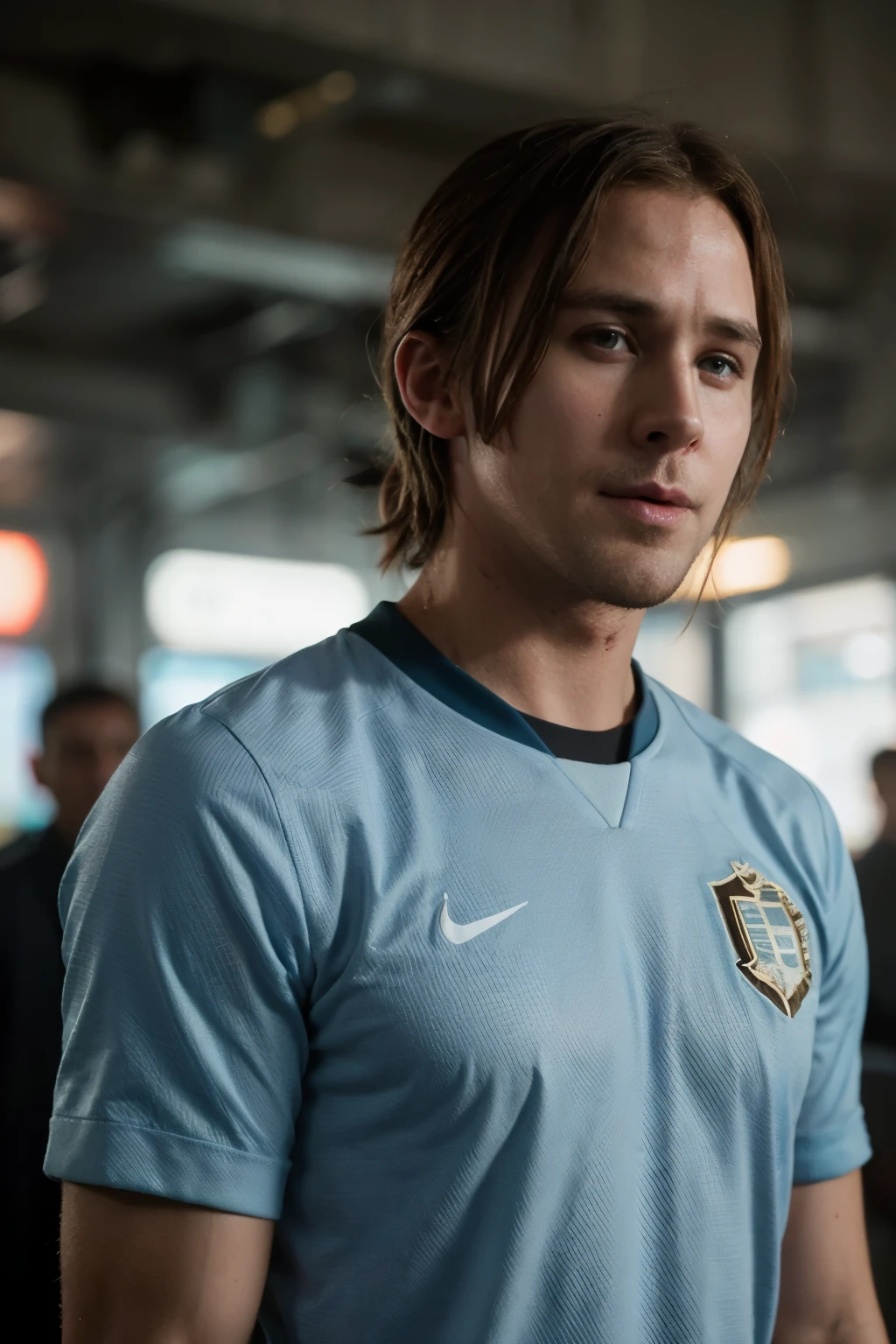 Ryan Gosling from Blade Runner 2049 wearing a light blue and white Argentina national team soccer jersey