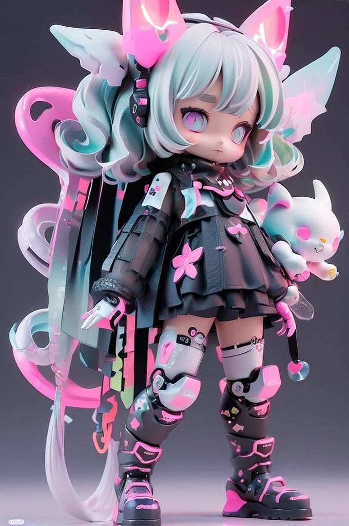 (Same character, front, side, back), (full body); skin: black; 3d; cute; 3d toy art; toy art; anime style; glitter; color pink; color white; Bunny details; cyberpunk details; robot limbs;