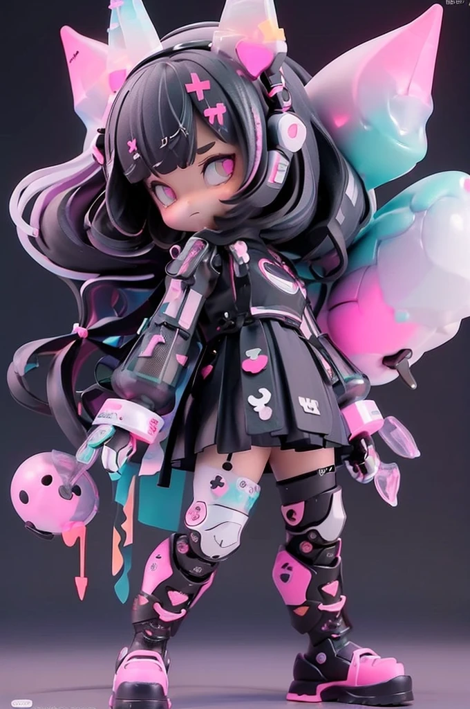 (Same character, front, side, back), (full body); skin: black; 3d; cute; 3d toy art; toy art; anime style; glitter; color pink; color white; Bunny details; cyberpunk details; robot limbs;