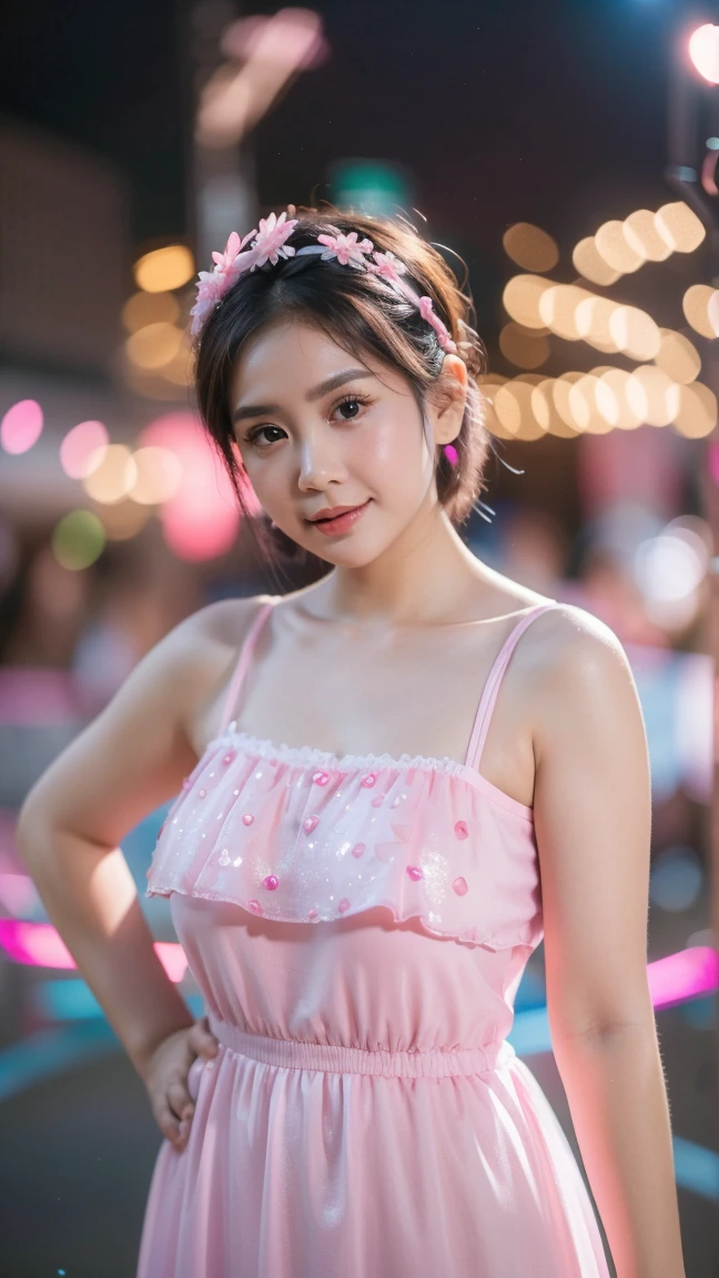 Perfect Beautiful Girl , Baby Face , She is Indonesian , White Skin , Brown Eye , Large Colossal Breast , Pink Dress , Glitter , 30 Years Old , Dinamic Girly Pose , Pink Short Hair , HDR , Extreme Detailed , Cute Headband , Look at Viewer , Highly Resolution , ((Bokeh:1.1)) , Outdoor