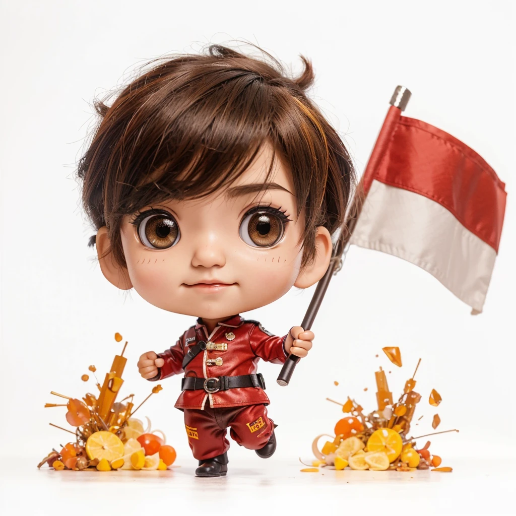 Generate a cute and adorable chibi character, 3d character, male, random hair style, indonesian guerilla army outfit, dark color outfit, random eye color, spirit and enthusiastic facial expression, random profession, toy, doll, white background, character print, random camera view, full body, natural light, random pose, medium movement, perfect cinematic lighting, perfect composition, creative theme, vibrant colors.