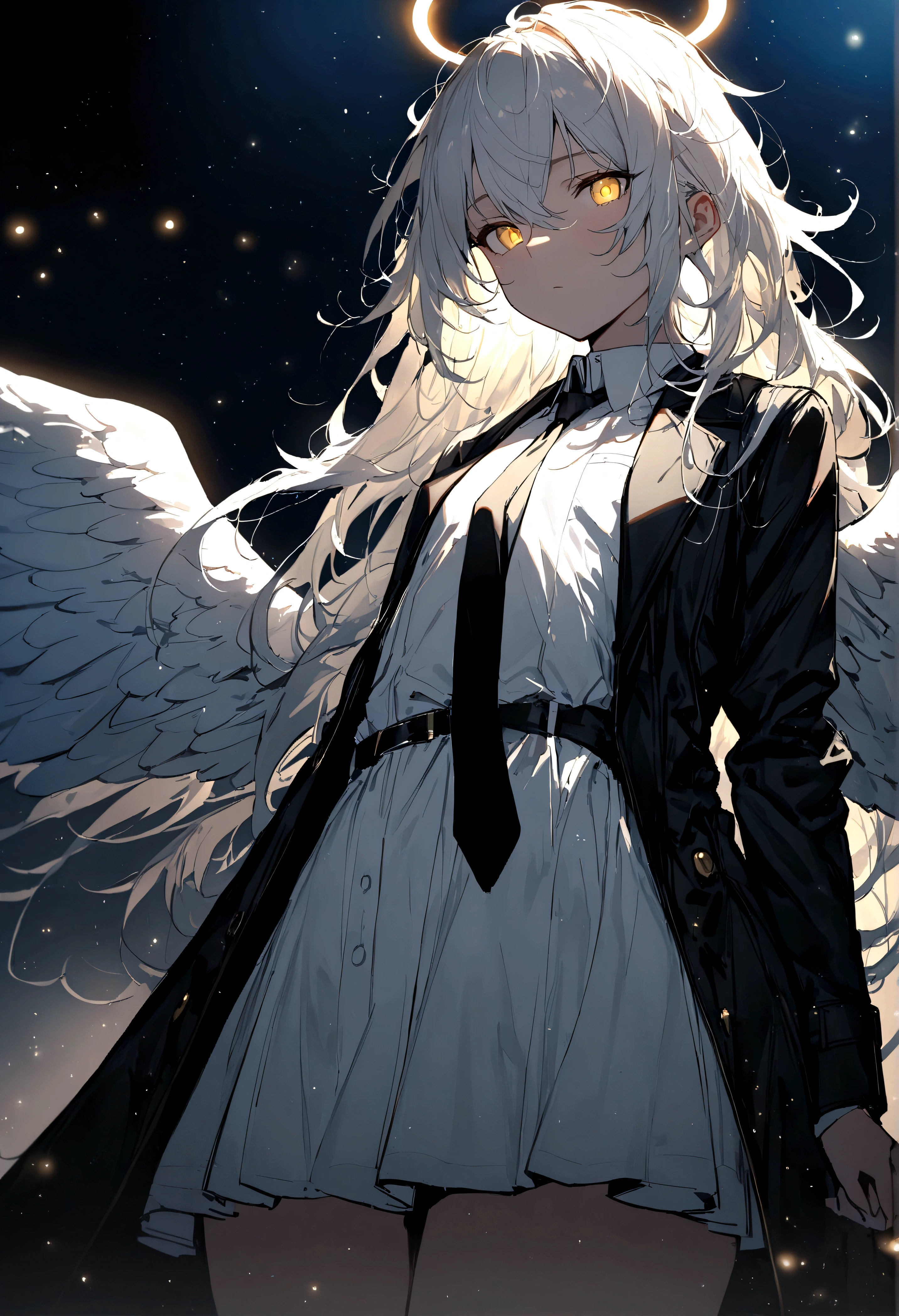 (masterpiece, best quality:1.3), (Extremely detailed:1.3), 1 Girl, Solitary, (White hair, Messy hair, Long hair), (Angel Wings, Angel Halo), flat chest, Yellow eyes, (White shirt, Black tie, Black coat, Open coat), Cowboy shooting, light, (((Glowing light particles))), (Put your hands behind your back), Dynamic Angle,