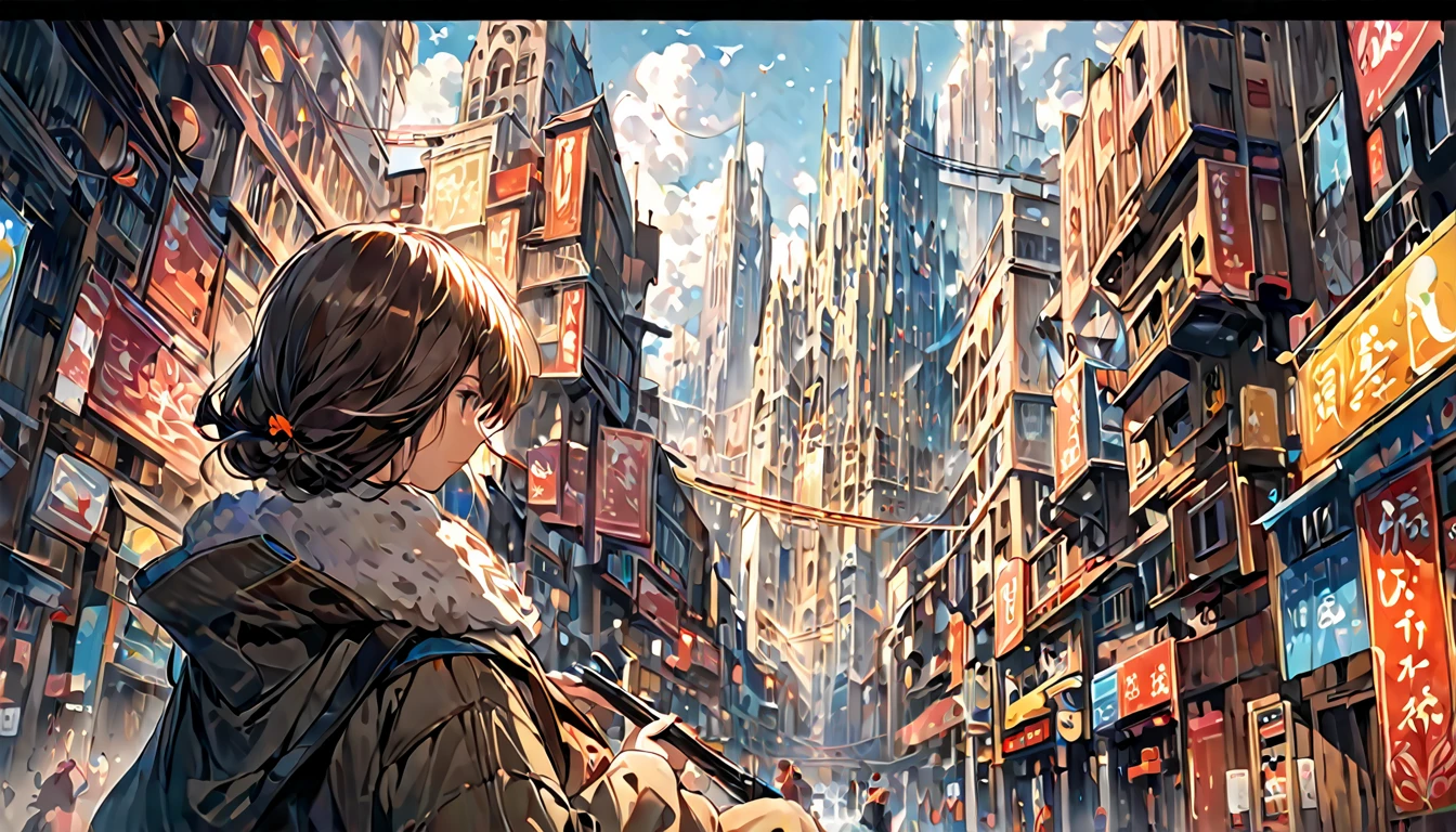 high resolution,high quality,最high resolution,最high quality,One girl, Digital painting illustration, Focusing on brushwork, color blending, Painterly look using digital tools.,masterpiece, A city where the near future and fantasy come together