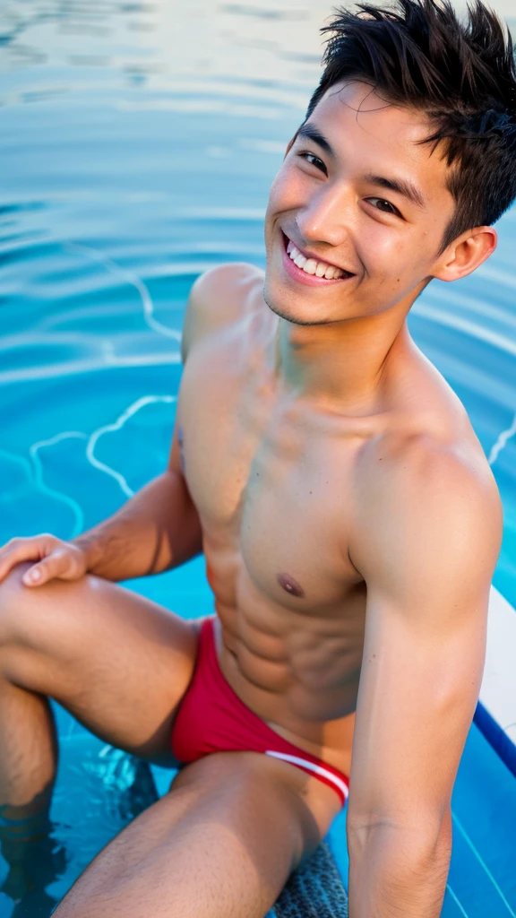 male Age 31 swimwear lifeguard topless smile in the evening
