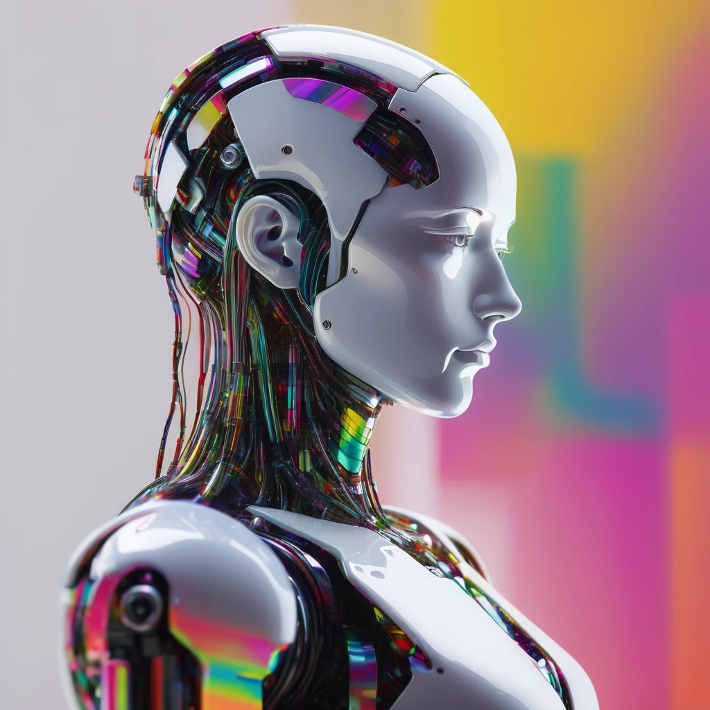  The artwork robotic figure in detail, against a bright background that is partially obscured by glitch effects. The figure's head is tilted slightly to the side, as if lost in contemplation. The image highlights the ral-glydch technique through the use of glitch effects, which create a sense of