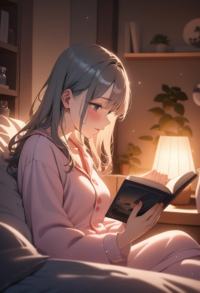 masterpiece, best quality, very aesthetic, absurdres, anime artwork, beautiful artwork, super fine illustration, hyper detailed, 1girl, beautiful, night, daily life, relaxing at home, cozy room, reading a book, drinking tea, wearing pajamas, soft lighting, anime style, highly detailed, vibrant colors, realistic lighting, cute face, detailed background