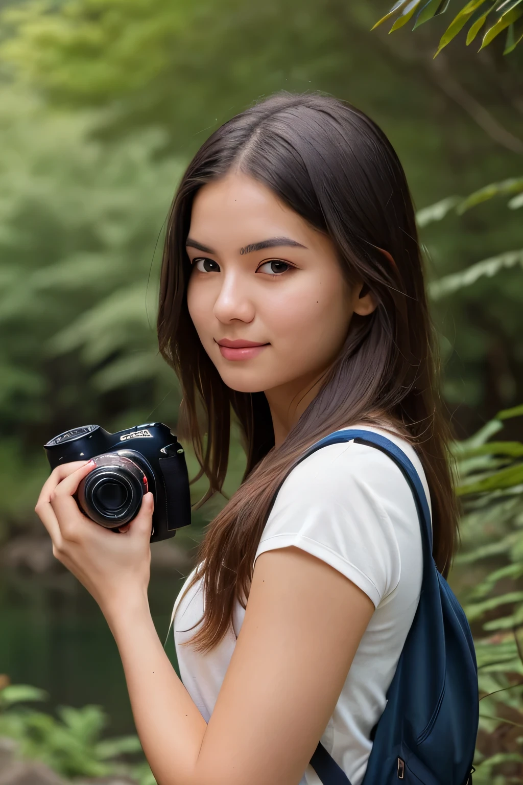 ((best quality)),((masterpiece)),((realistic)),portrait of Mia,the Nature Whisperer Photographer,(holding camera:1.2),(serene expression and nature photography expertise in her eyes:1.2),[mysterious gray eyes],[nature photographer attire with a backpack and a high-quality camera],(capturing the beauty of landscapes and wildlife in their natural habitat:1.3),[serene natural backdrop with scenic vistas and diverse wildlife],(capturing the tranquility and connection of Mia, the nature whisperer photographer:1.2),[photography realism],(8k resolution:1.2),
