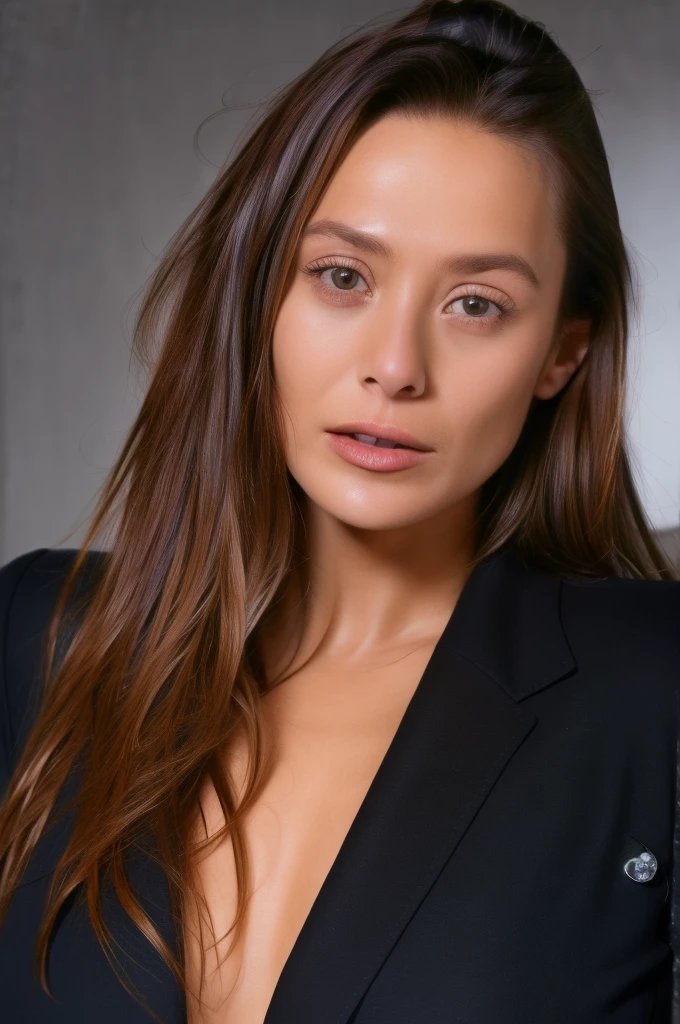 eliza1,1girl, solo, (realistic),(hyperrealism),(best quality),(masterpiece),(ultra high res),(photorealistic),(film grain),(upper body), eye makeup,detailed eyes,detailed face,black jacket, posing for a photo, outside winter, giant , tall girl, 25 years old, strong girl 