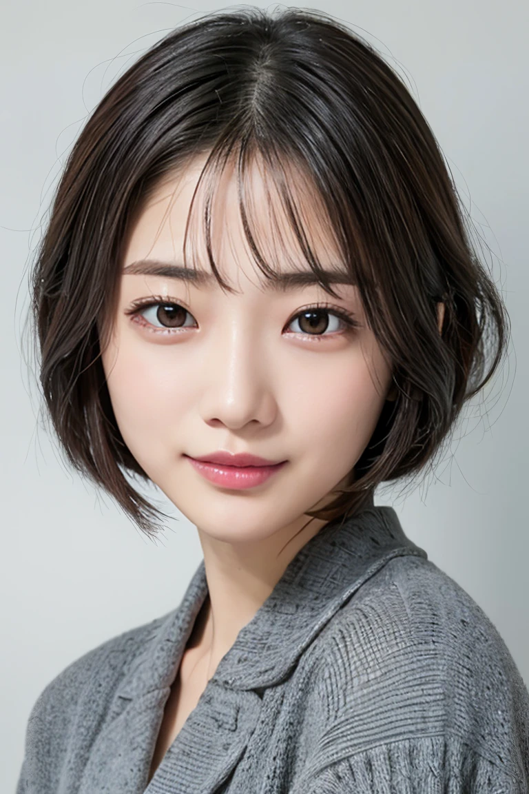 Realistic, masterpiece, highest quality, highest resolution, A bust-up photo of a Japanese woman, looking here, fearless smile, Beautiful and detailed eye drawing, droopy eyes, black eyes, thin eyebrows, Carefully draw eyelashes, natural makeup,  (Hair color is ash gray, short hair, middle part:1.3), detailed face, rough look