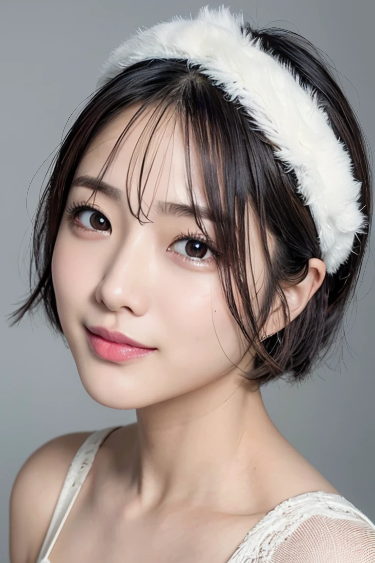 Realistic, masterpiece, highest quality, highest resolution, A bust-up photo of a Japanese woman, looking here, fearless smile, Beautiful and detailed eye drawing, droopy eyes, black eyes, thin eyebrows, Carefully draw eyelashes, natural makeup,  (Hair color is ash gray, short hair, middle part:1.3), detailed face, rough look