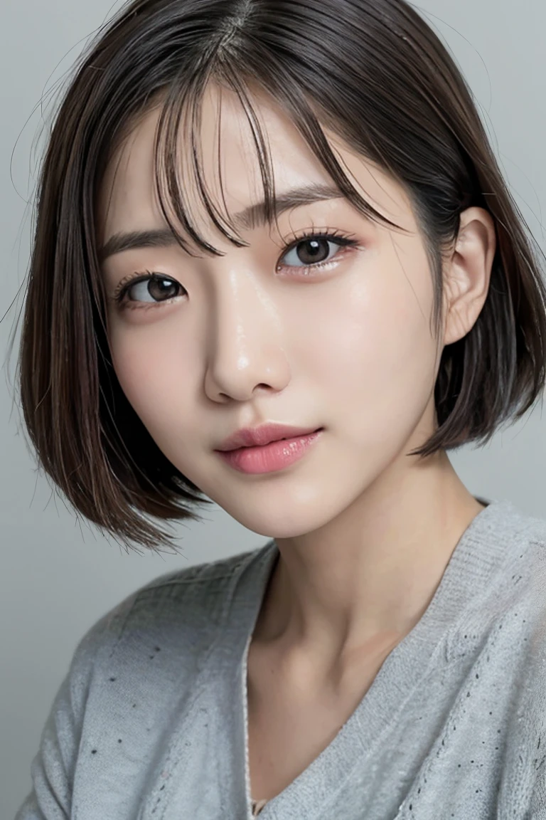 Realistic, masterpiece, highest quality, highest resolution, A bust-up photo of a Japanese woman, looking here, fearless smile, Beautiful and detailed eye drawing, droopy eyes, black eyes, thin eyebrows, Carefully draw eyelashes, natural makeup,  (Hair color is ash gray, short hair, middle part:1.3), detailed face, rough look