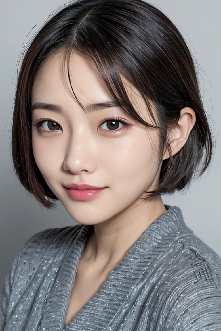 Realistic, masterpiece, highest quality, highest resolution, A bust-up photo of a Japanese woman, looking here, fearless smile, Beautiful and detailed eye drawing, droopy eyes, black eyes, thin eyebrows, Carefully draw eyelashes, natural makeup, (Hair color is ash gray, short hair, middle part:1.3), detailed face, rough look