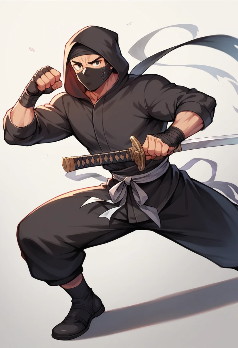 Athletic man, black leagwear, black cowl. Very big sword in your hands, he is very mysterious, fighting man, black clothing, with hood and mask. He has a very big sword. A mysterious ninja. 