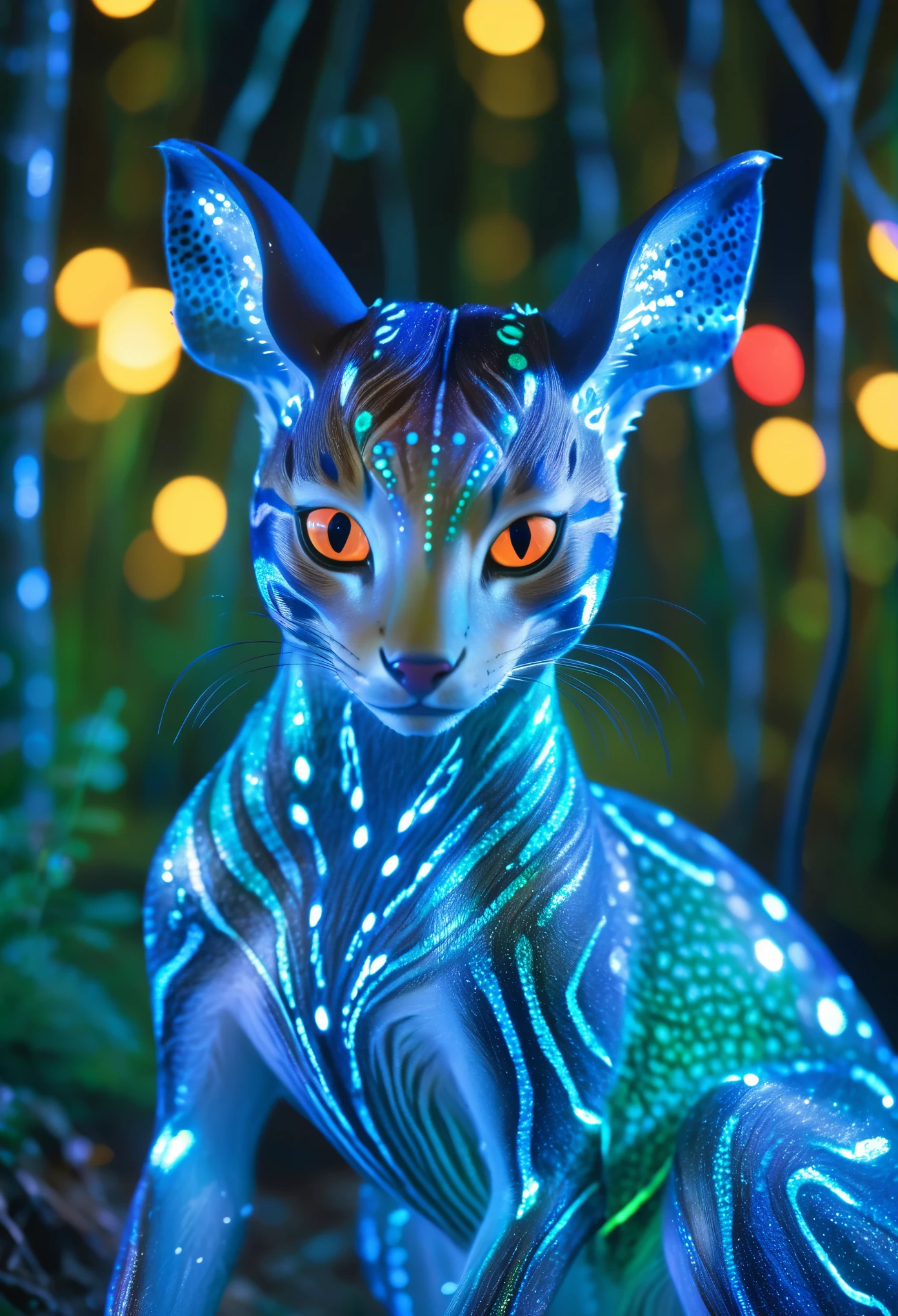 An exquisite mythical creature of the forest，Skin smooth as silk，It has a delicate pattern of spots and stripes，Seems to sparkle in the night, 8K, Colored lights, vivid, Ultra Detailed, Surreal photography ，blue，Red，green，blue