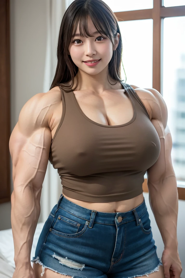 (Best quality,masterpiece,ultra detailed,8K,RAW photo,realistic,high resolution:1.2),(Pretty Japanese girl),(Super huge tits:1.4),(light brown hair),(tank top,shorts:1.4),(muscular:1.7),(shoulder length),(light smile)