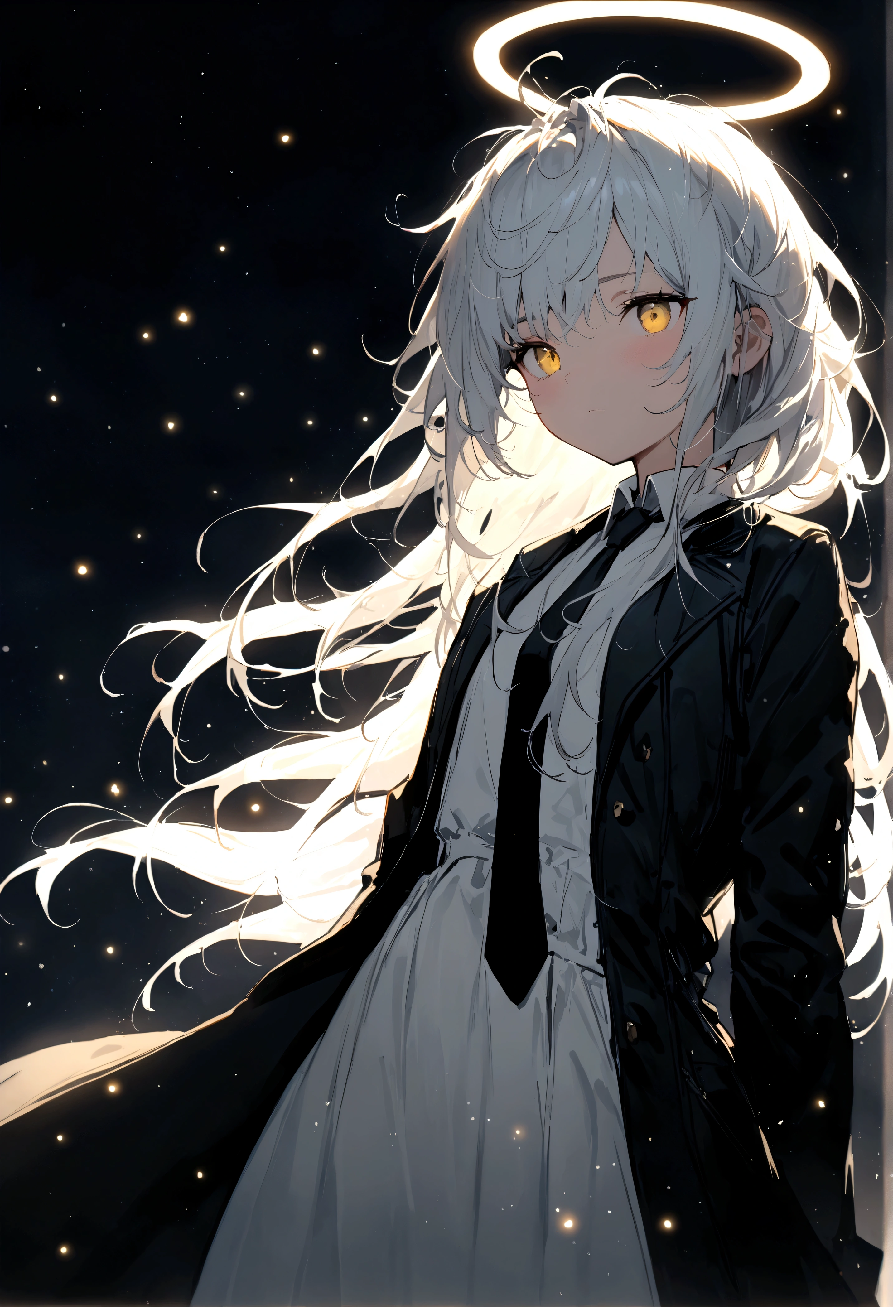 (masterpiece, best quality:1.3), (Extremely detailed:1.3), 1 Girl, Solitary, (White hair, Messy hair, Long hair), (Angel Wings, Angel Halo), flat chest, Yellow eyes, (White shirt, Black tie, Black coat, Open coat), Cowboy shooting, light, (((Glowing light particles))), (Put your hands behind your back), Dynamic Angle,
