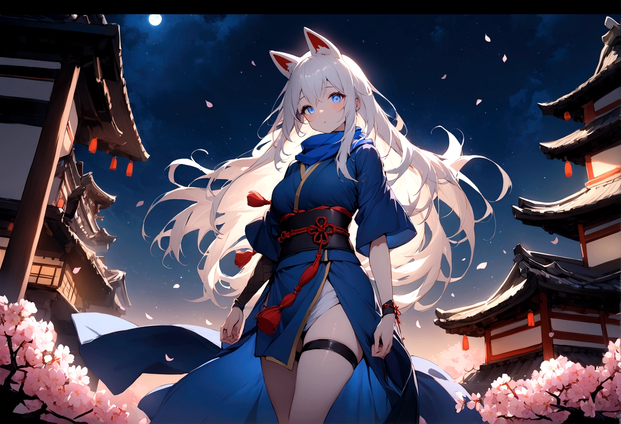 (masterpiece, best quality:1.2), 1girl, 独奏,Wolf girl, fox mask, ninja, girl, long white hair, odd eyes, blue kimono, ninja girl, red and blue scarf,Dancing Cherry Blossoms,Full moon backlighting, light coming in, fantastic atmosphere.night、Shadows of light and darkness、Eyes glowing in the dark、Black fox mask、Fisheye Lens、Expansive starry sky、long hair that spreads、Looking up from afar、Overlooking the city from atop a large cherry tree、