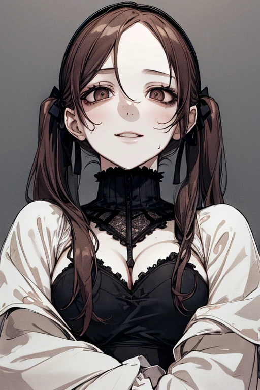 Top Quality, (Background Detail), On top of man, looking down, view from below, full body, spread legs, slip, high contrast, super beautiful girl, detailed original illustration, sensual, delicate face, attractive, bad girl, sexy, looking at camera, real breasts, twintails, stalker, Crazy Smile, Crazy Eyes, Heads Up, Pale Skin, Bloody, Dark Hair, Yandere, Mine-ish, ta, Beautiful Line Drawing