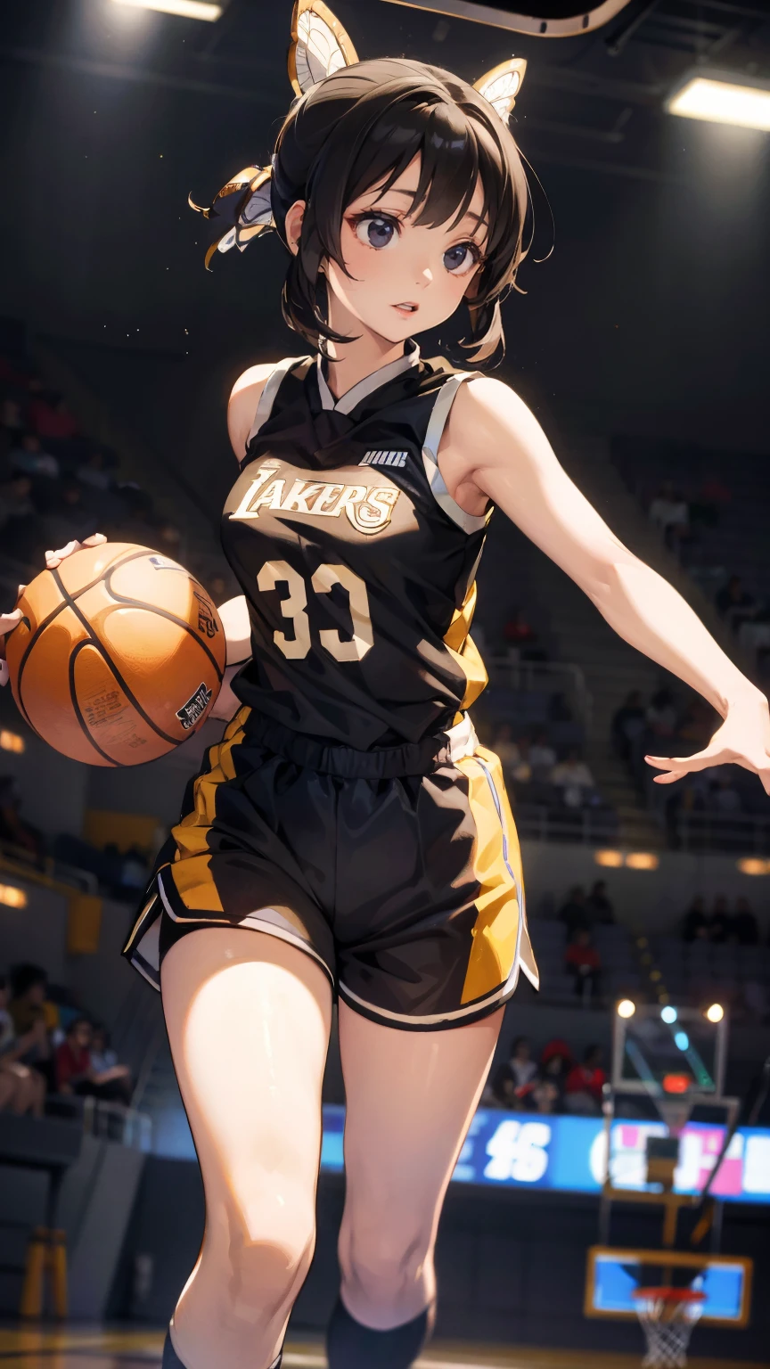 1girl, solo, masterpiece, best quality, ultra-detailed, short hair, tied hair, blunt bangs, black eyes, wearing a yellow basketball uniform, yellow uniform, sleeveless, wearing shorts, basketball, aiming, Lakers, basketball (object), basketball uniform, white stockings, running, basketball court, intense match, sports, holding basketball, highschool student, (8k), (professional lighting), (detailed illustration), (professional angle), (focus on face), (ultra focus on face),shinobu