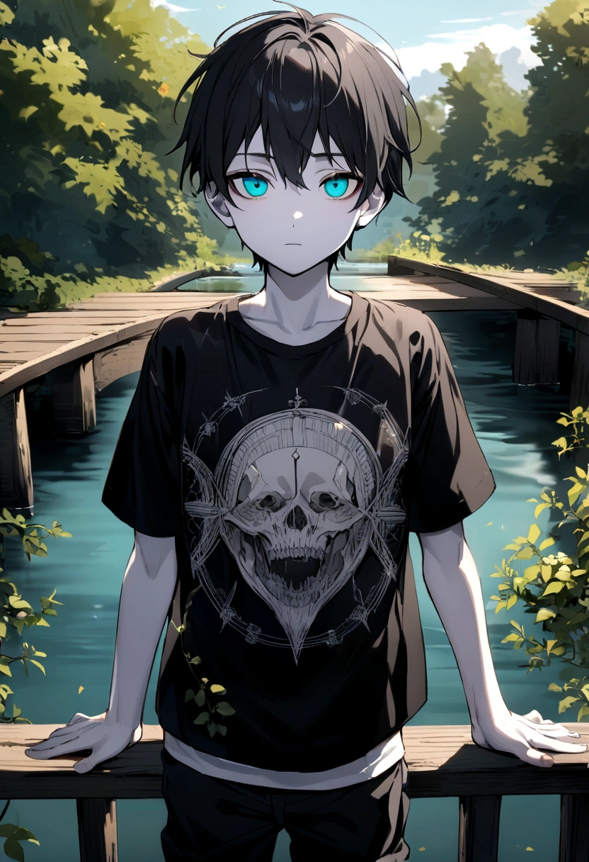 Thirteen-year-old boy, Black hair, Cyan eyes, pale skin, On the bridge over the river, black jacket, White printed T-shirt